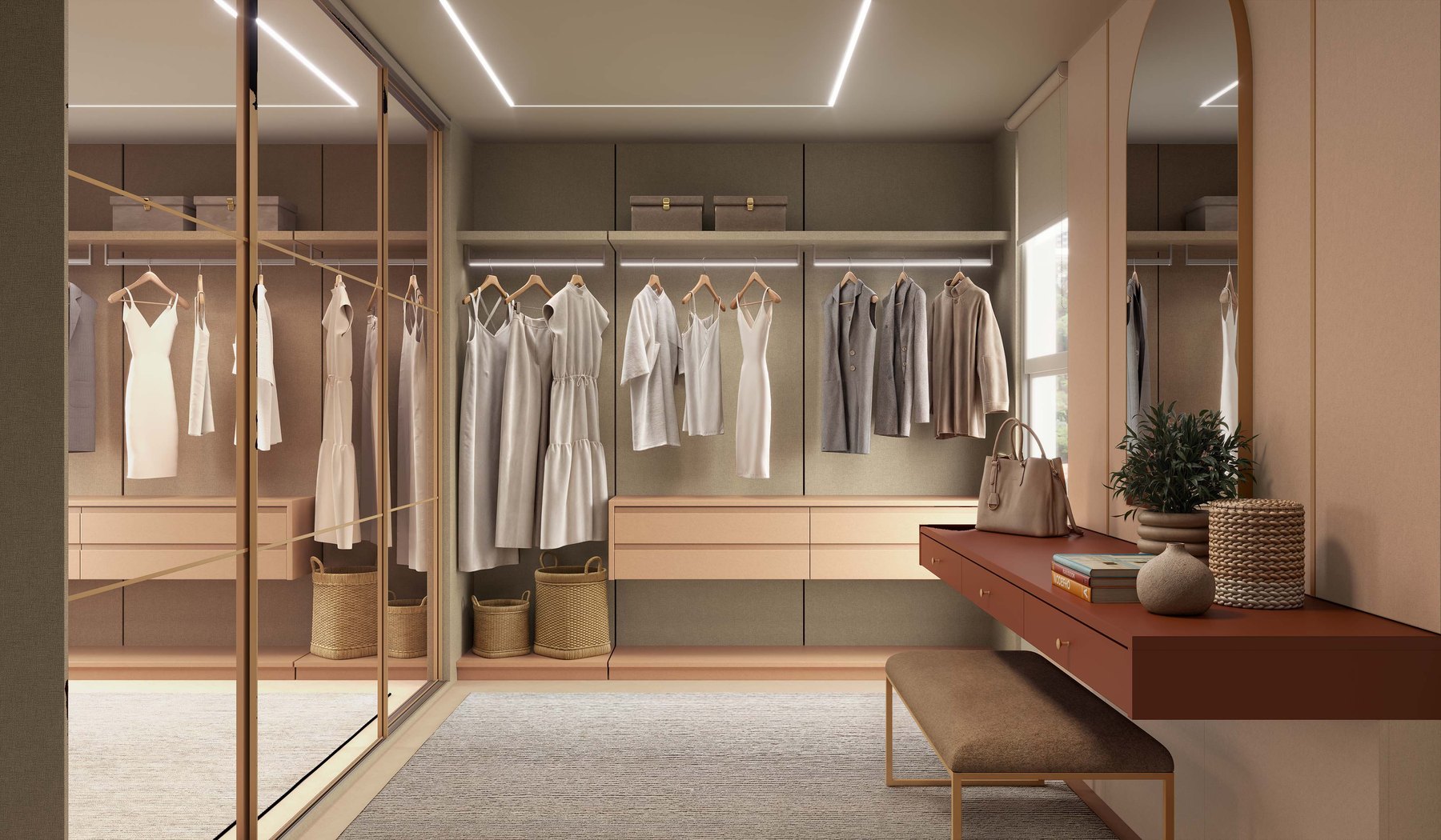 Closet planejado Casa Brasileira com acabamento em tons terrosos