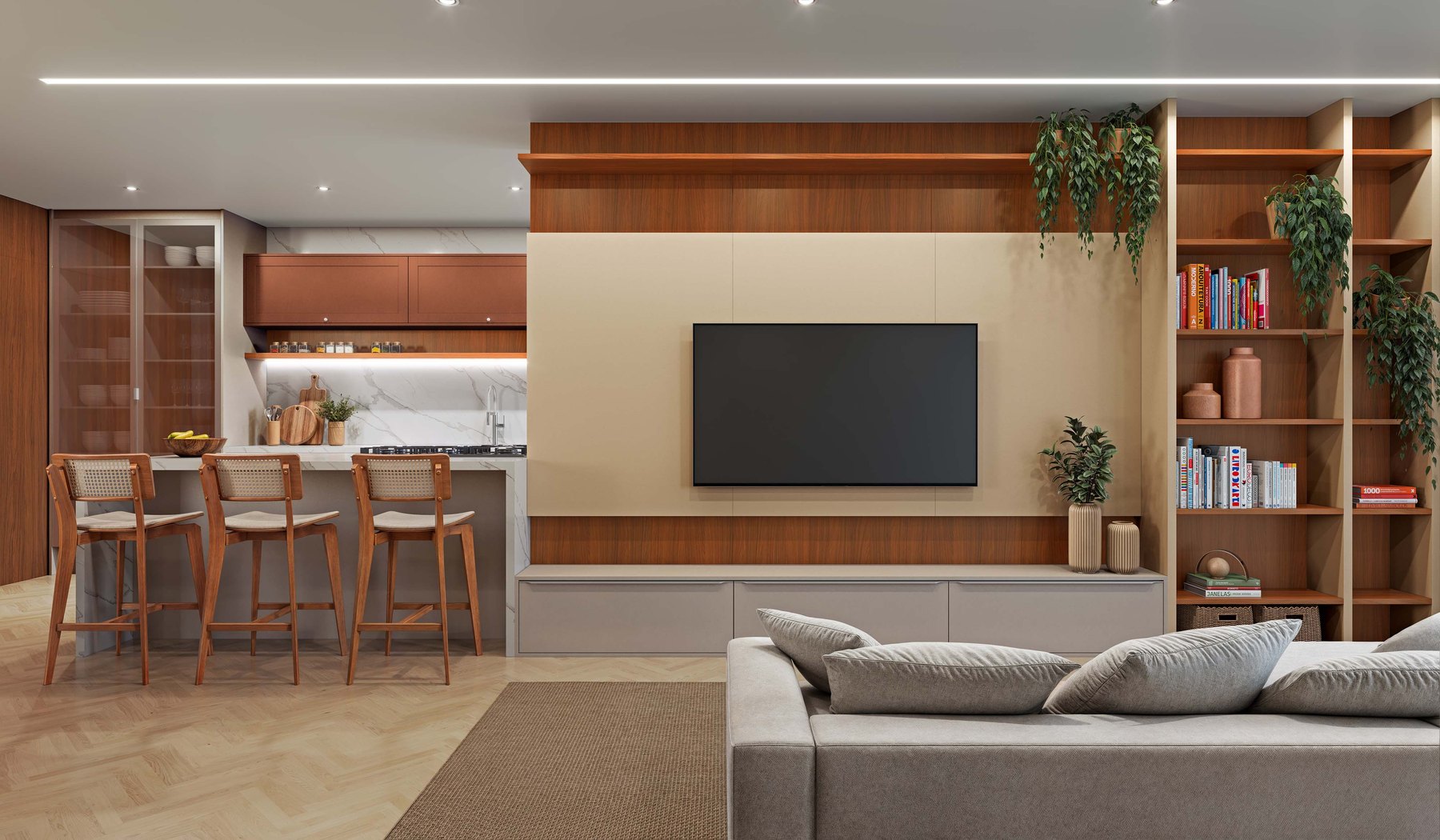 Cozinha planejada Casa Brasileira com integração ao living
