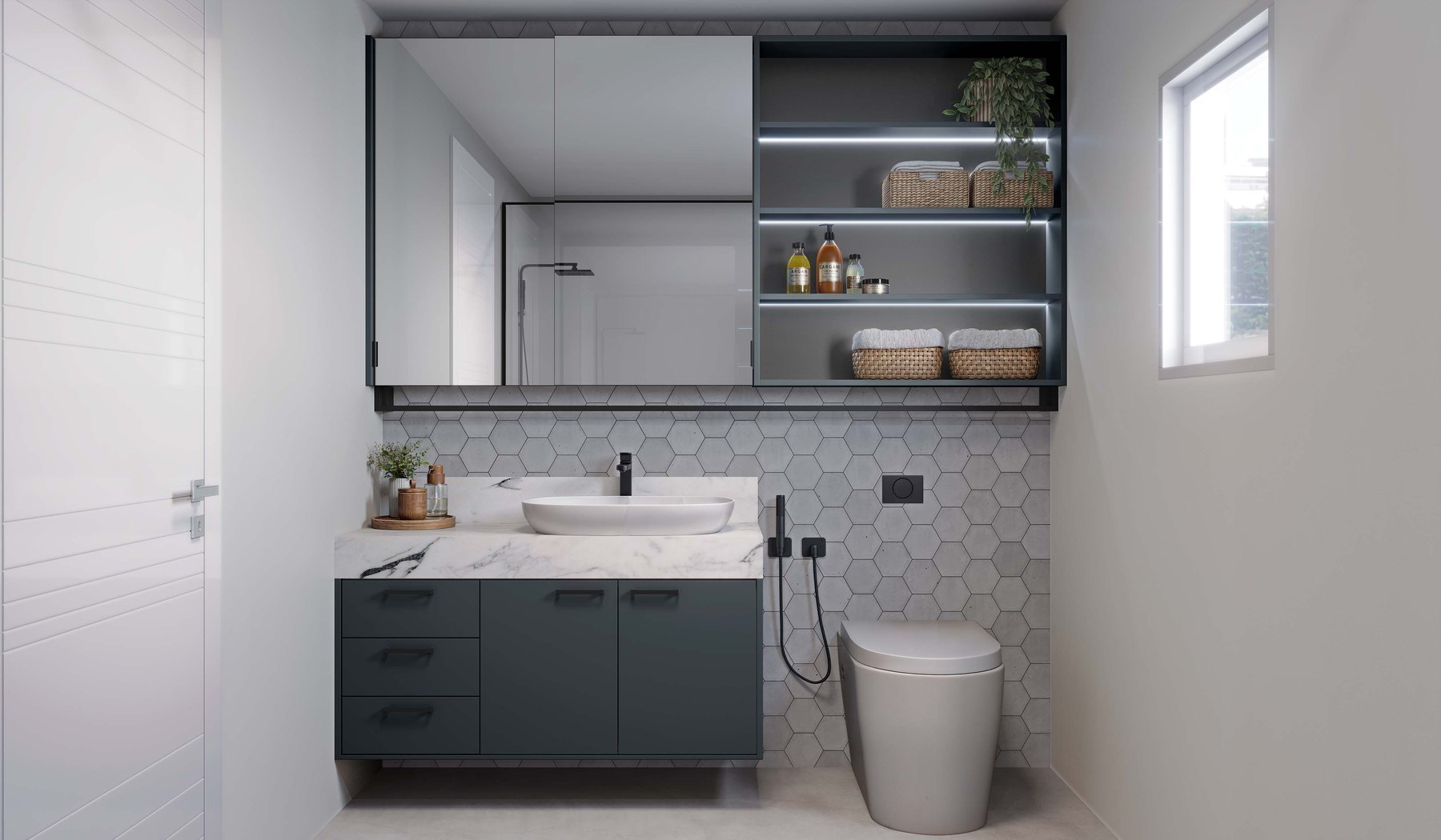 Lavabo planejado Casa Brasileira em tons azul e grafite